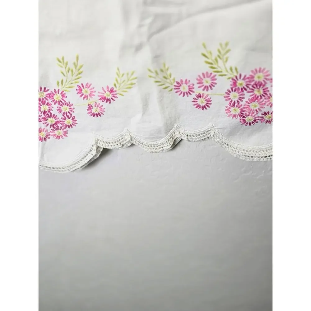 Vintage Hand Embroidered Pillowcase Scalloped Hem Cottagecore Farmhouse Floral